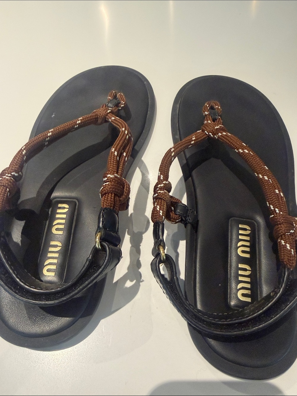 Miu Miu Black Leather Sandals with Brown Braided Rope Straps